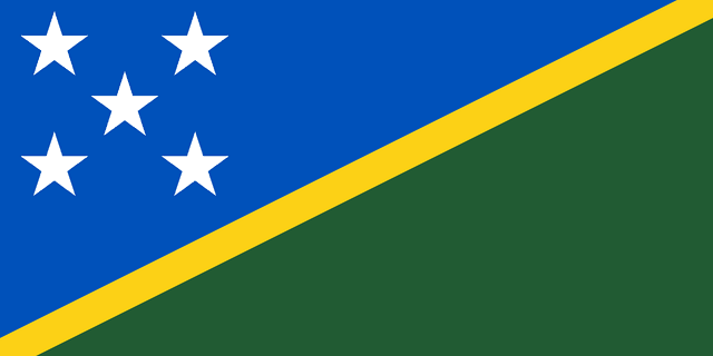 The flag of Solomon Islands features a thin yellow diagonal band that extends from the lower hoist-side corner to the upper fly-side corner of the field. Above and beneath this band are a blue and green triangle respectively. Five white five-pointed stars arranged in an X shape are situated on the hoist side of the upper blue triangle.