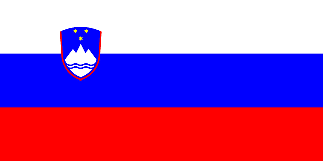The flag of Slovenia is composed of three equal horizontal bands of white, blue and red. The national coat of arms is situated in the upper hoist side of the field centered on the boundary between the white and blue bands.