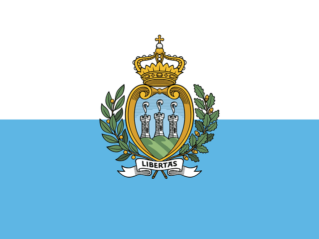 The flag of San Marino is composed of two equal horizontal bands of white and light blue, with the national coat of arms superimposed in the center.