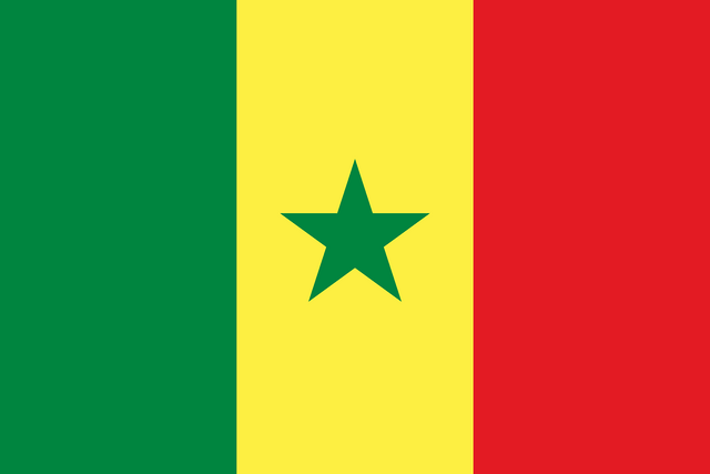 The flag of Senegal is composed of three equal vertical bands of green, golden-yellow and red, with a five-pointed green star centered in the golden-yellow band.