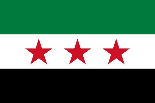 The flag of Syria is composed of three equal horizontal bands of red, white and black. At the center of the white band are two small five-pointed green stars arranged in a horizontal line.