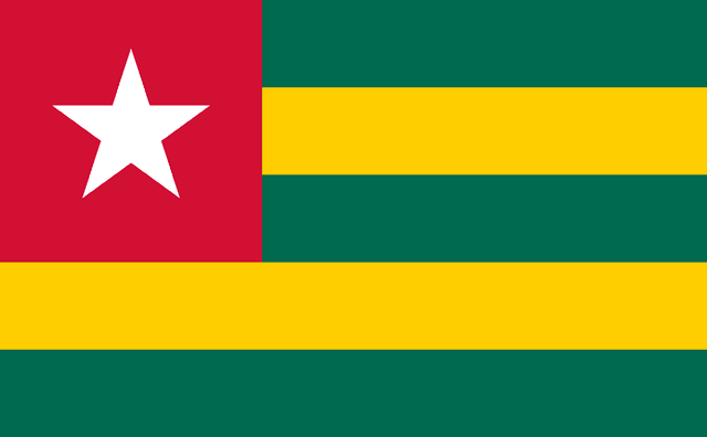 The flag of Togo is composed of five equal horizontal bands of green alternating with yellow. A red square bearing a five-pointed white star is superimposed in the canton.
