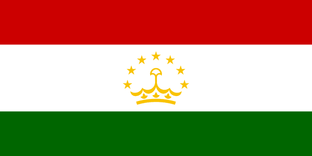 The flag of Tajikistan is composed of three horizontal bands of red, white and green in the ratio of 2:3:2. A golden-yellow crown surmounted by an arc of seven five-pointed golden-yellow stars is centered in the white band.