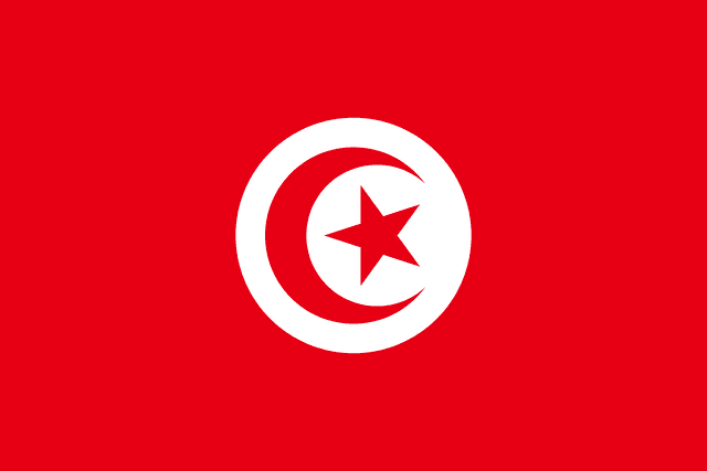 The flag of Tunisia has a red field. A white circle bearing a five-pointed red star within a fly-side facing red crescent is situated at the center of the field.
