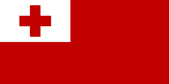 The flag of Tonga has a red field. A white rectangle bearing a red Greek cross is superimposed in the canton.
