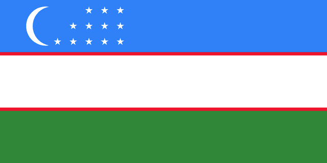 The flag of Uzbekistan is composed of three equal horizontal bands of turquoise, white with red top and bottom edges, and green. On the hoist side of the turquoise band is a fly-side facing white crescent and twelve five-pointed white stars arranged just outside the crescent opening in three rows comprising three, four and five stars.