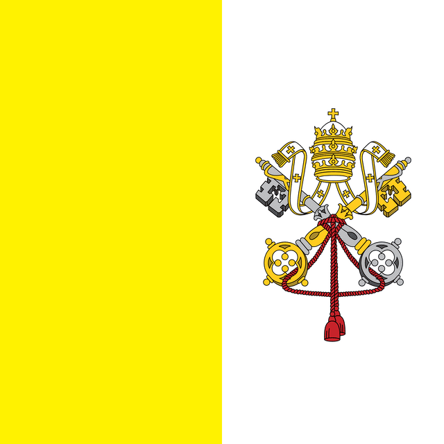 The flag of Vatican City is square shaped. It is composed of two equal vertical bands of yellow and white, with national coat of arms centered in the white band. The national coat of arms comprises the Papal Tiara superimposed on two crossed keys.