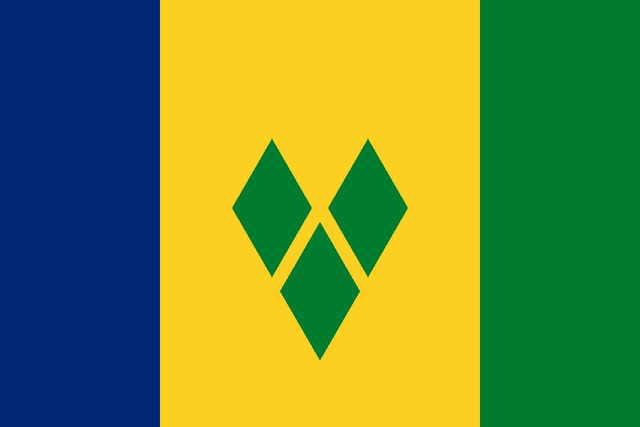 The flag of Saint Vincent and the Grenadines is composed of three vertical bands of blue, gold and green. The gold band is twice as wide as the other two bands and bears three green diamonds arranged to form the letter V at its center.
