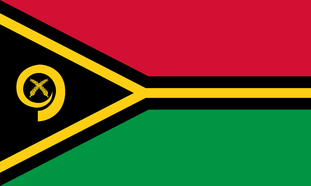 The flag of Vanuatu is composed of two equal horizontal bands of red and green, with a black isosceles triangle superimposed on the hoist side of the field. This triangle has its base on the hoist end, spans about two-fifth the width of the field and is enclosed on its sides by the arms of a thin black-edged yellow horizontally oriented Y-shaped band which extends along the boundary of the red and green bands to the fly end of the field. A yellow boar's tusk encircling two yellow crossed namele leaves is centered in the triangle.