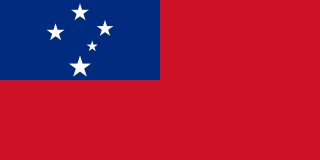 The flag of Samoa has a red field. A blue rectangle, bearing a representation of the Southern Cross made up of five large and one smaller five-pointed white stars, is superimposed in the canton.
